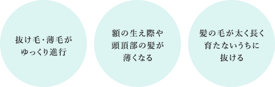 抜け毛・薄毛がゆっくり進行　額の生え際や頭頂部の髪が薄くなる　髪の毛が太く長く育たないうちに抜ける